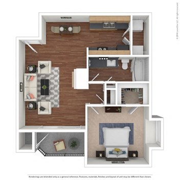 a stylized floor plan with a bedroom and living room